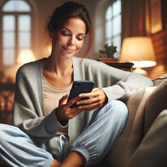 A relaxed woman sitting comfortably at home, holding her phone and looking through her photos. peace and enjoyment in organizing and cherishing digital memories.
