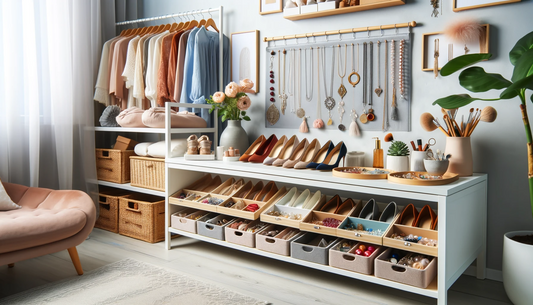 Well-arranged space with shoes neatly placed on racks and accessories like necklaces, earrings, and scarves organized in dividers and trays