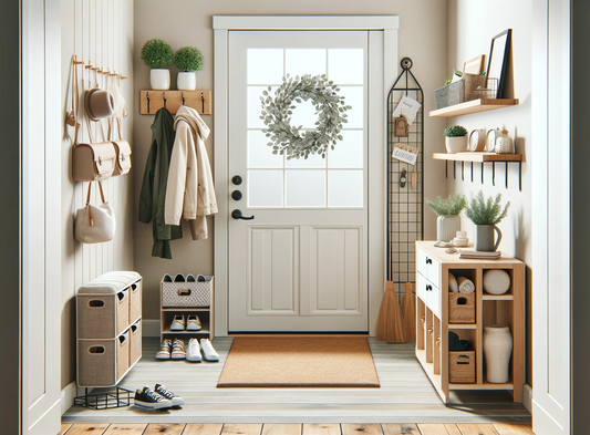 Clean and organized entryway, well-organized entrance area with a stylish doormat, a neat wreath on the door, shoe storage solutions like a basket or shoe rack, hooks for jackets and bags, and a designated area for bills, keys, and mail. 