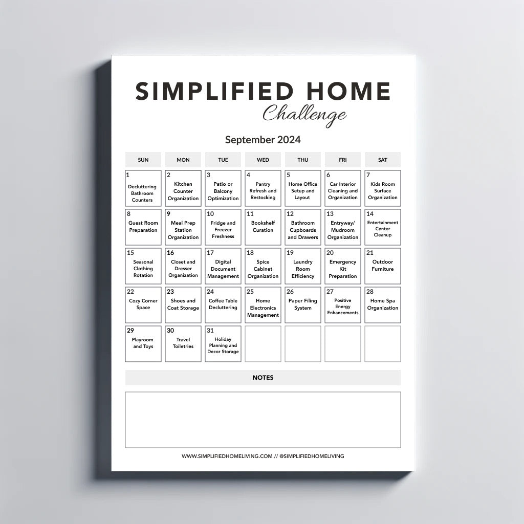 Simplified Home Challenge September 2024 - 30-Day Calendar for Decluttering and Organizing Your Home. Daily Tasks for a Cleaner, More Organized Space.