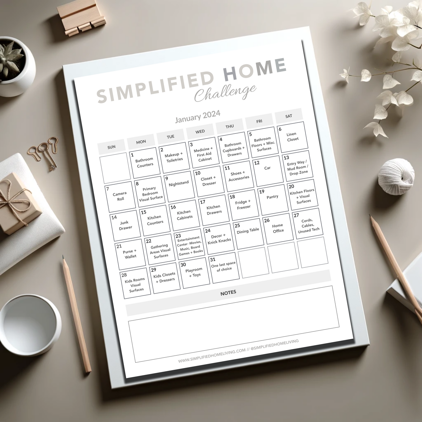 January Simplified Home Challenge, 2024 Calendar